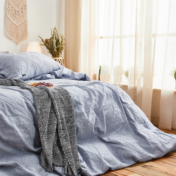 91家纺网 家纺一手货源 找家纺 贝尔 PELLHOME 日式北欧民宿大剪花水洗棉全棉四件套场景二（春节不打烊)（可抖音代发） 蓝色