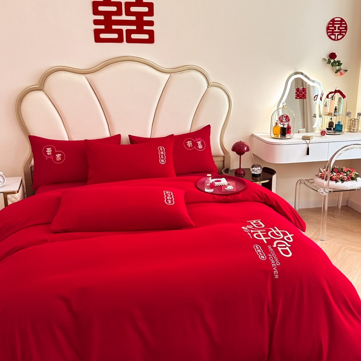 91家纺网 家纺一手货源 找家纺 火麒麟家纺 2025新款亲肤棉婚庆刺绣四件套 百年之好
