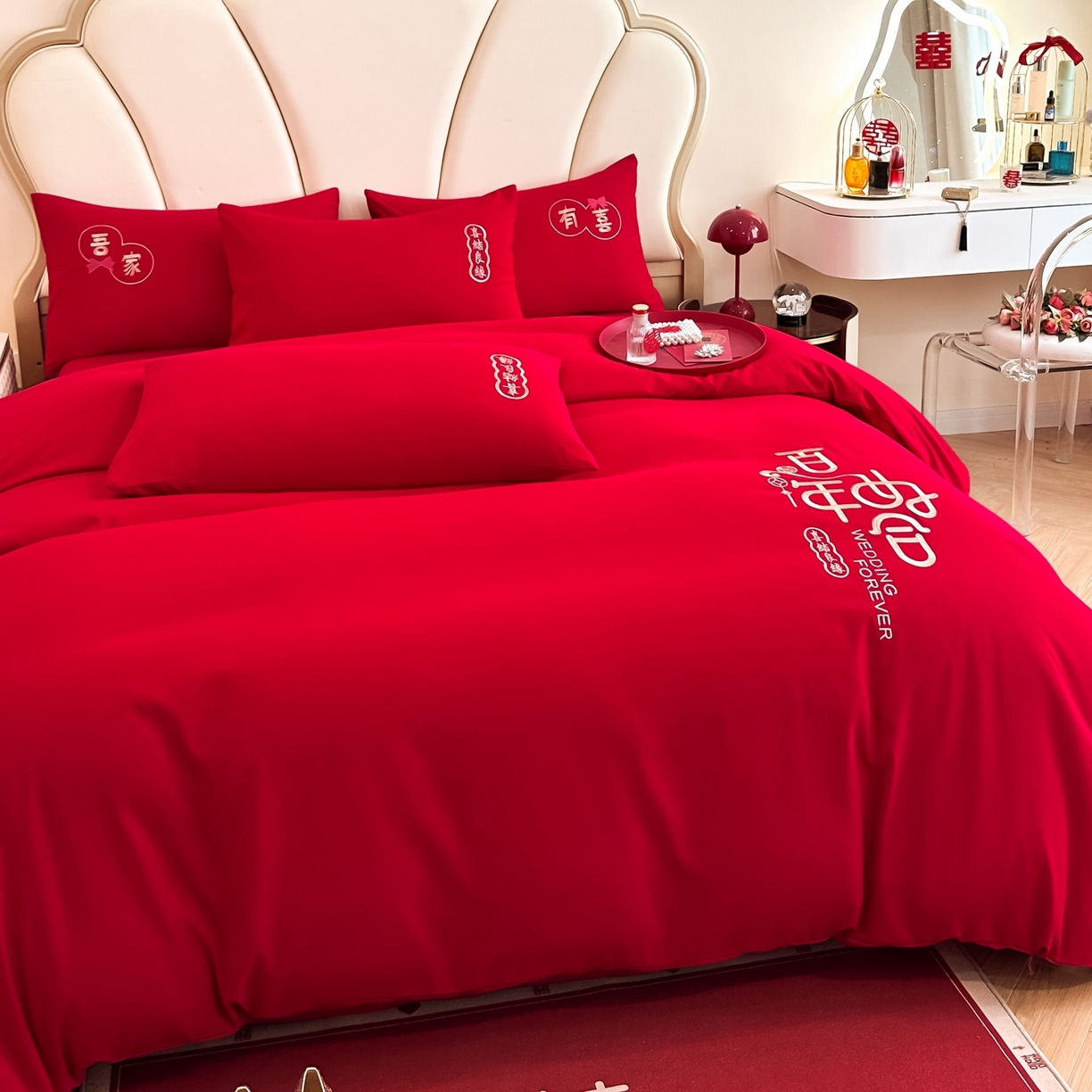 91家纺网 家纺一手货源 找家纺 火麒麟家纺 2025新款亲肤棉婚庆刺绣四件套 百年之好