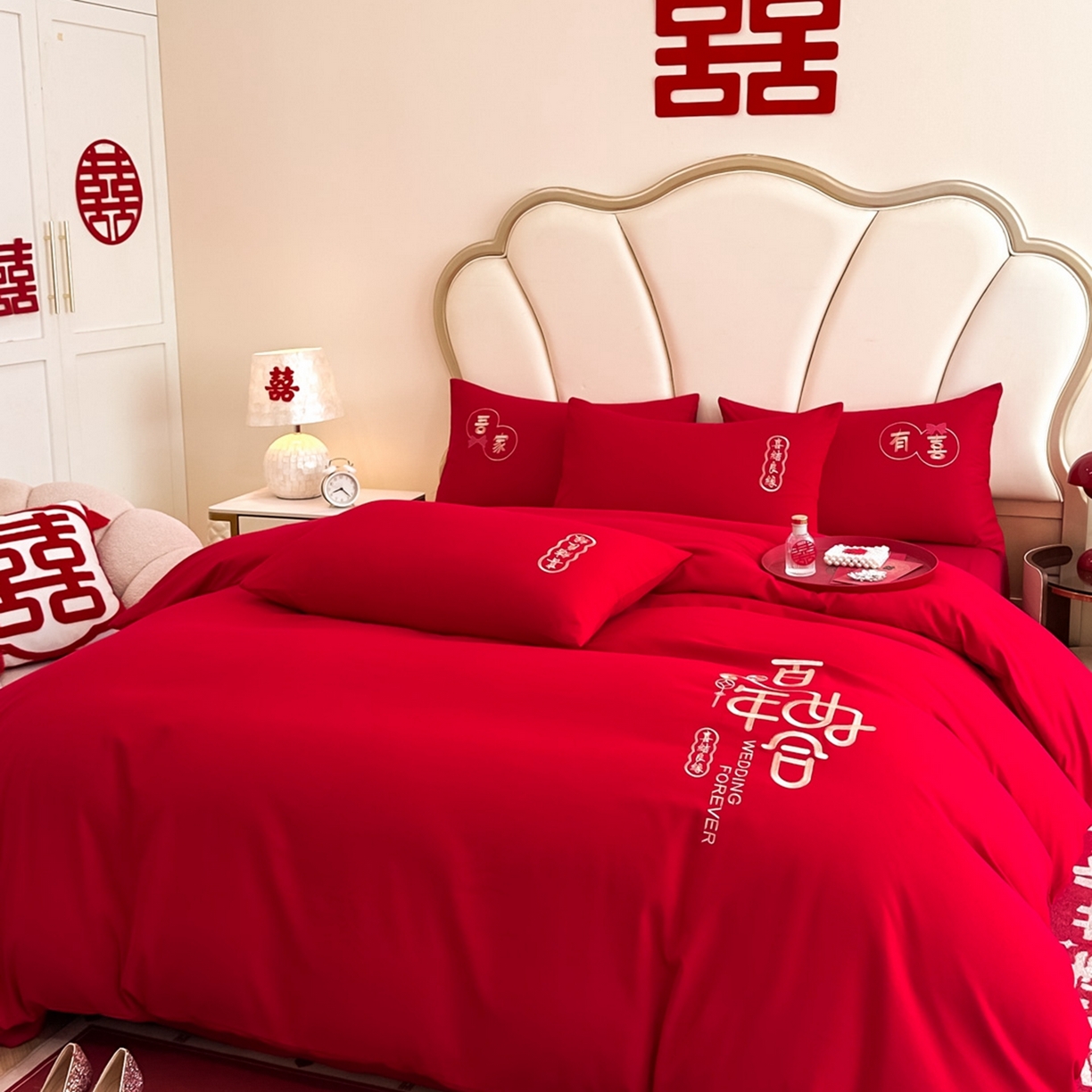 91家纺网 家纺一手货源 找家纺 火麒麟家纺 2025新款亲肤棉婚庆刺绣四件套 百年之好