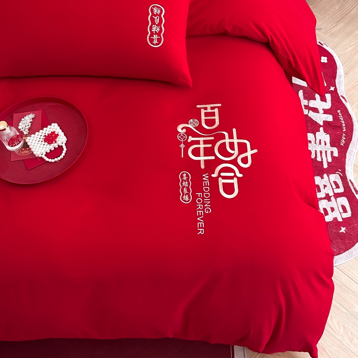 91家纺网 家纺一手货源 找家纺 火麒麟家纺 2025新款亲肤棉婚庆刺绣四件套 百年之好