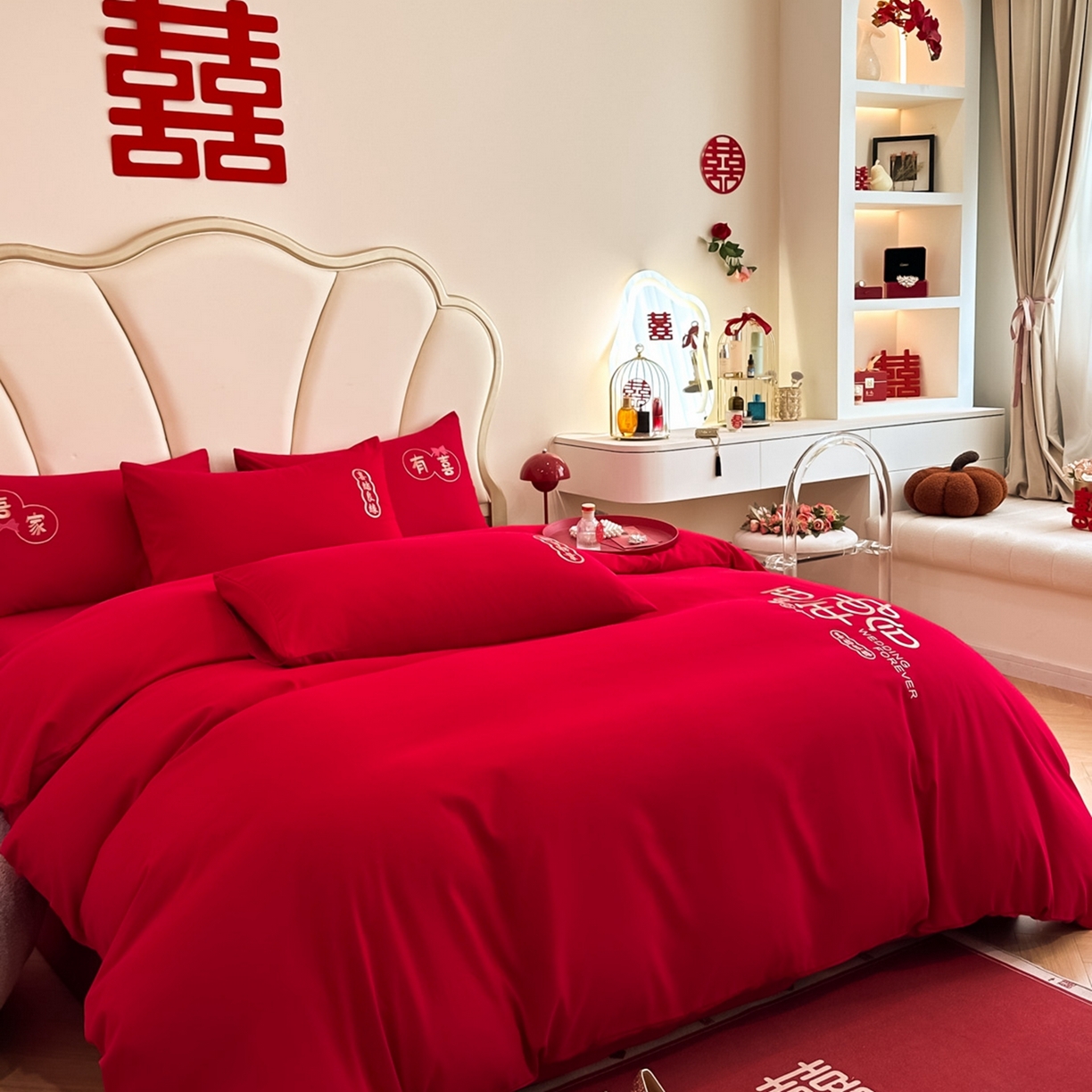 91家纺网 家纺一手货源 找家纺 火麒麟家纺 2025新款亲肤棉婚庆刺绣四件套 百年之好