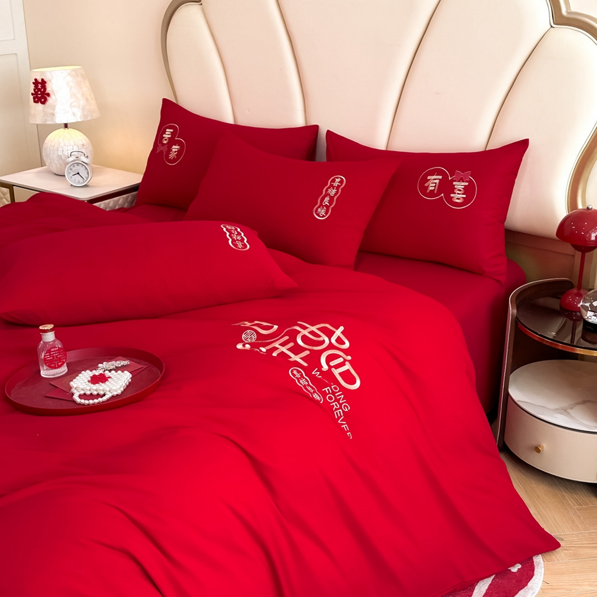 91家纺网 家纺一手货源 找家纺 火麒麟家纺 2025新款亲肤棉婚庆刺绣四件套 百年之好