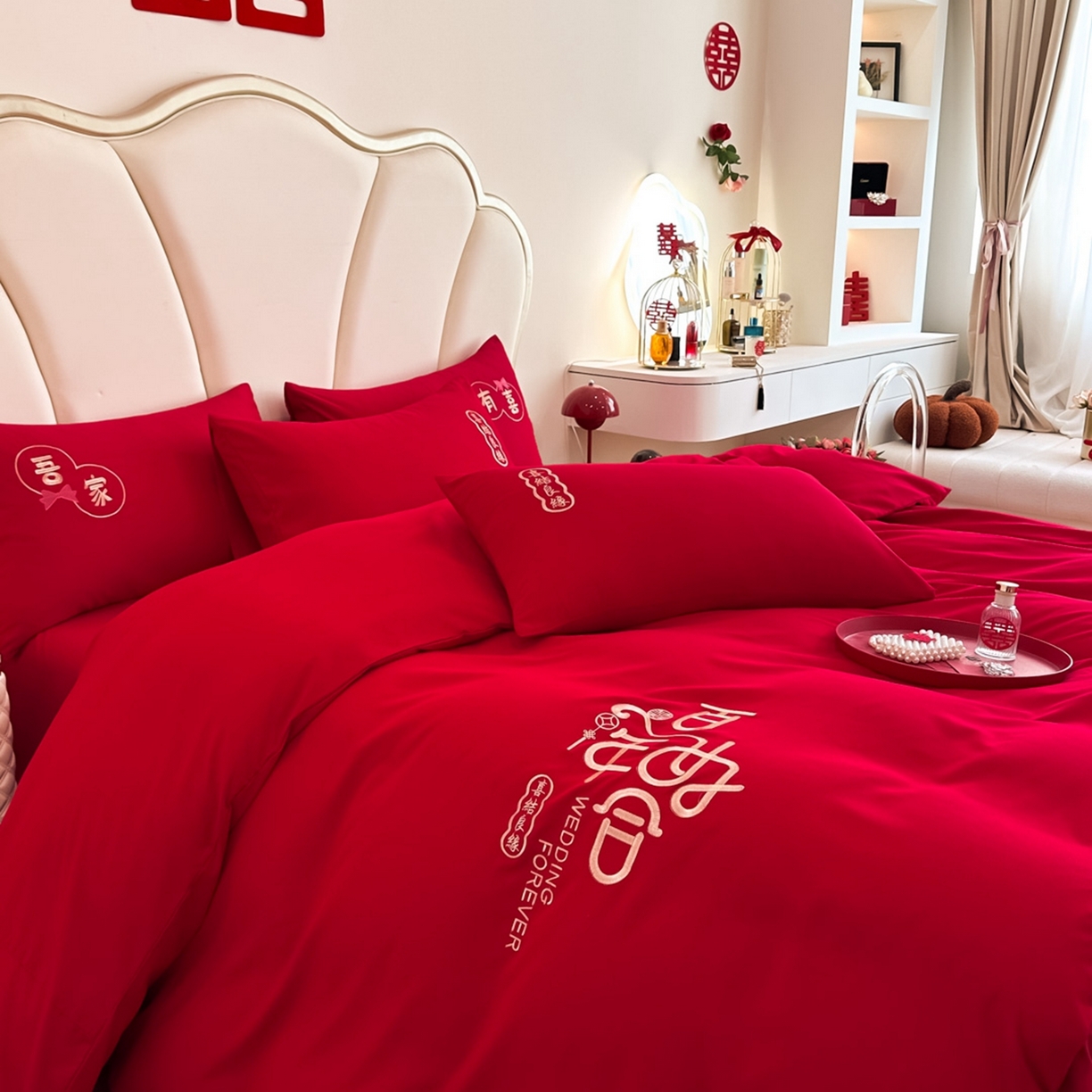 91家纺网 家纺一手货源 找家纺 火麒麟家纺 2025新款亲肤棉婚庆刺绣四件套 百年之好