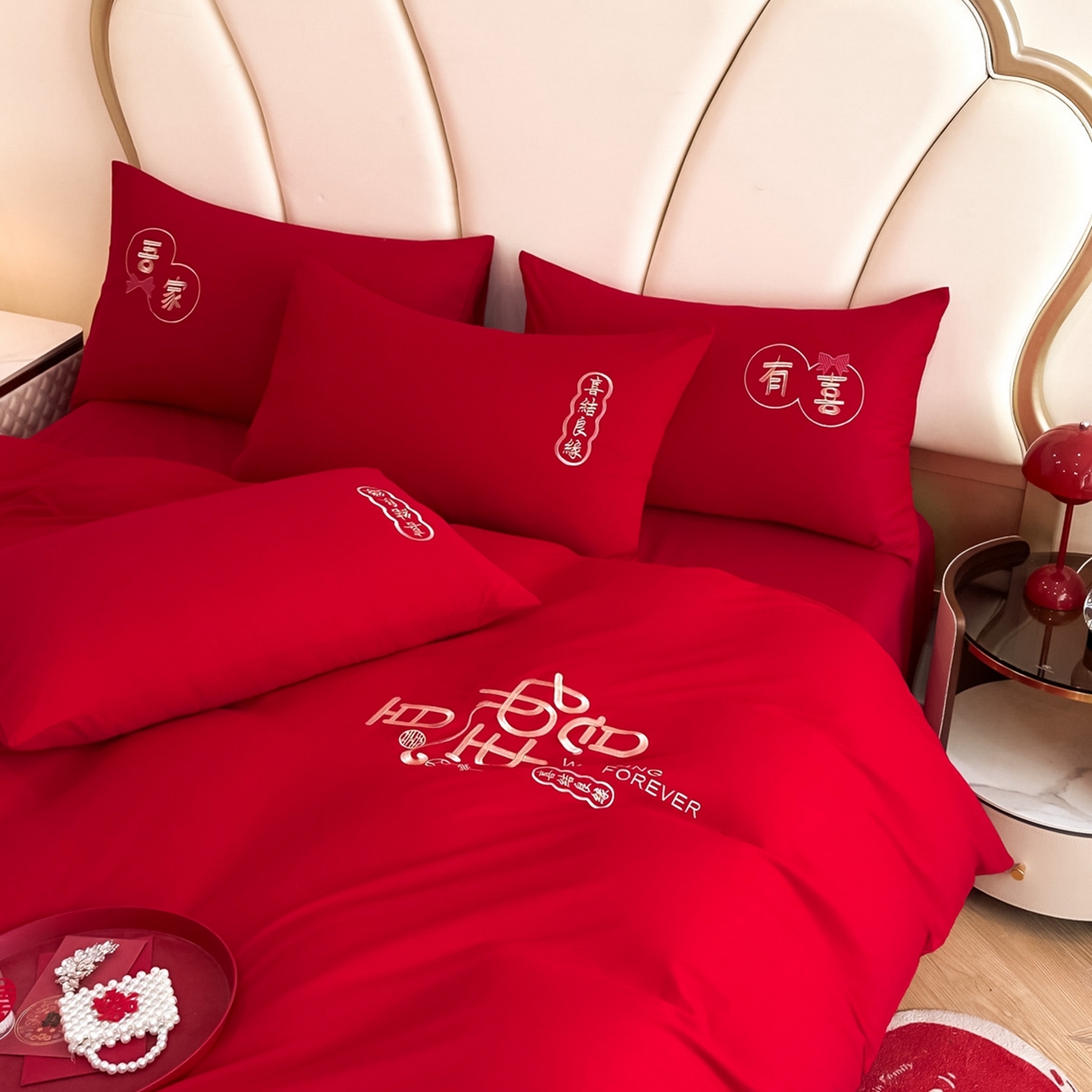 91家纺网 家纺一手货源 找家纺 火麒麟家纺 2025新款亲肤棉婚庆刺绣四件套 百年之好