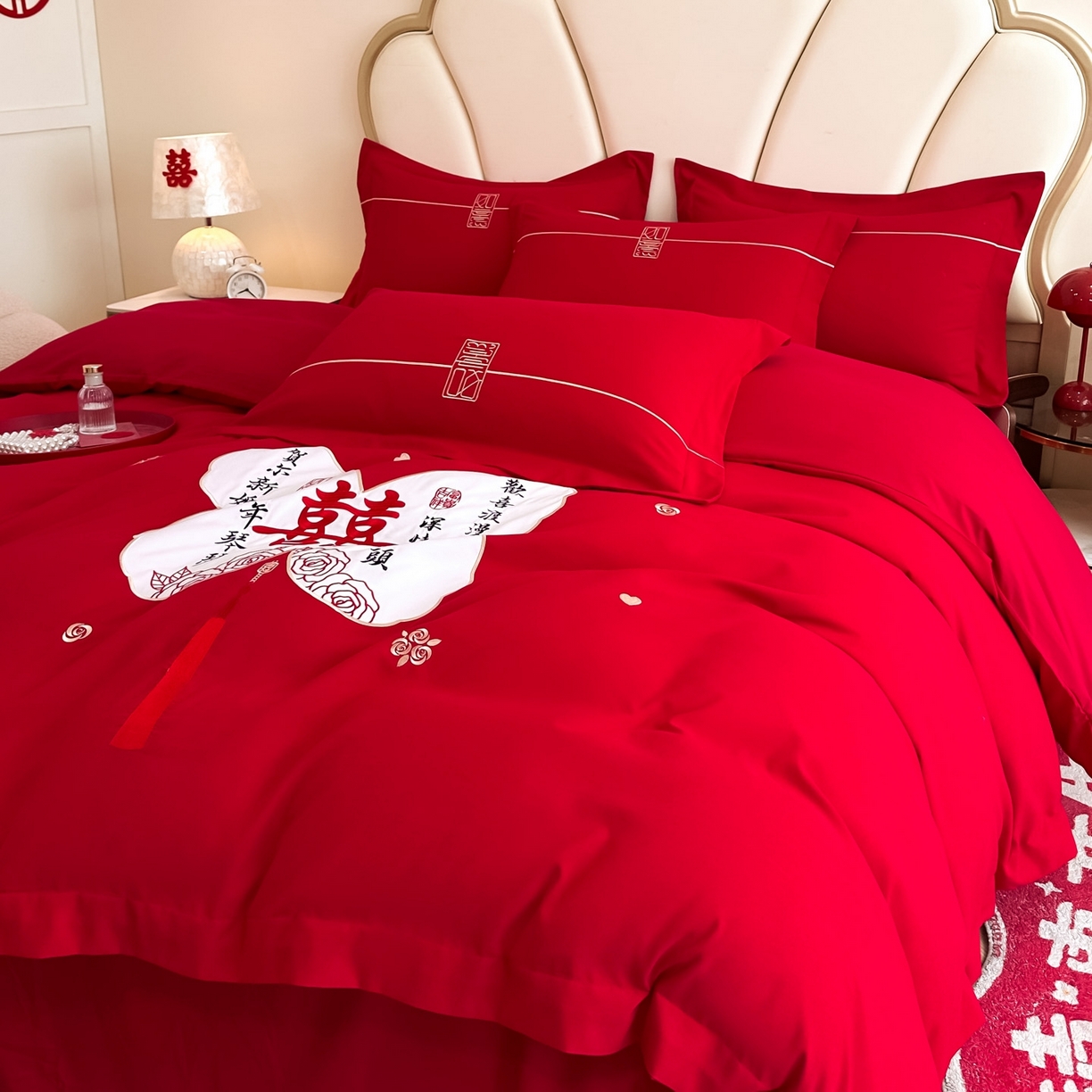 91家纺网 家纺一手货源 找家纺 火麒麟家纺 2025新款亲肤棉婚庆刺绣四件套 蝶恋花