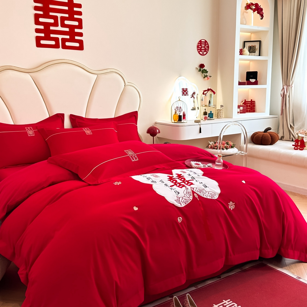 91家纺网 家纺一手货源 找家纺 火麒麟家纺 2025新款亲肤棉婚庆刺绣四件套 蝶恋花