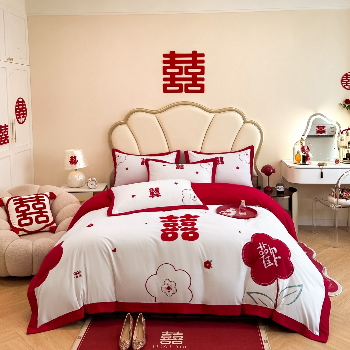 火麒麟家纺 2025新款亲肤棉婚庆刺绣四件套 欢喜