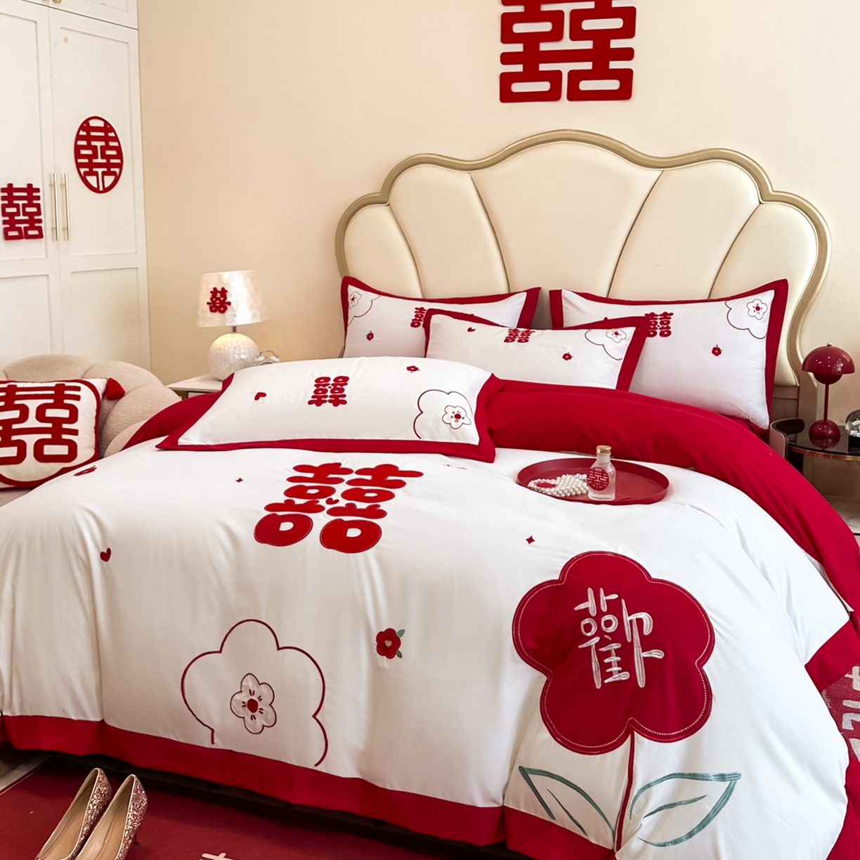 91家纺网 家纺一手货源 找家纺 火麒麟家纺 2025新款亲肤棉婚庆刺绣四件套 欢喜