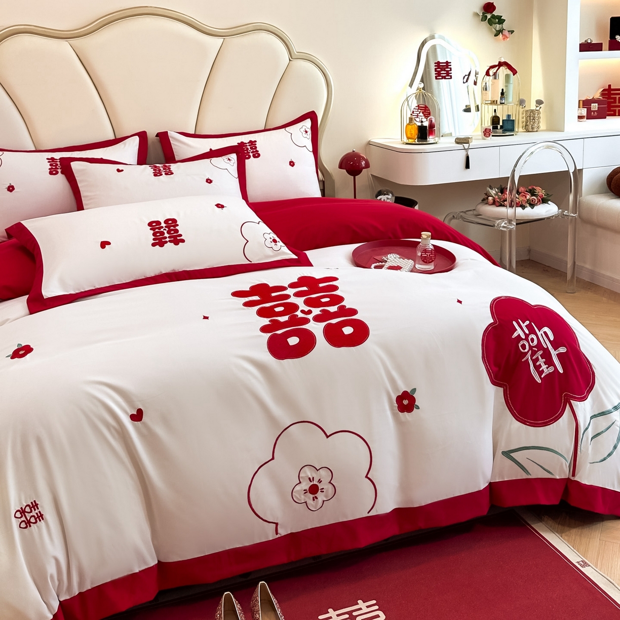 91家纺网 家纺一手货源 找家纺 火麒麟家纺 2025新款亲肤棉婚庆刺绣四件套 欢喜