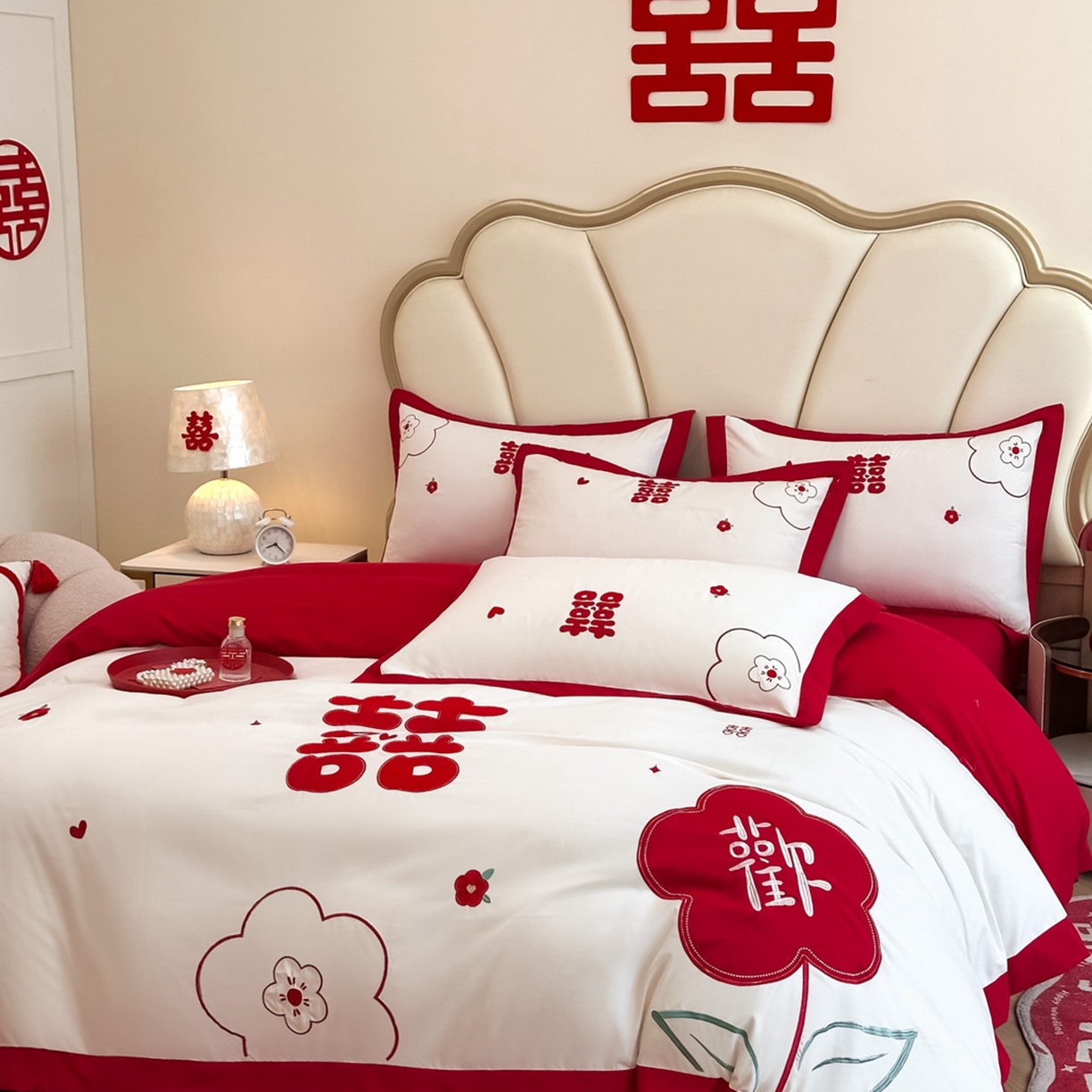 91家纺网 家纺一手货源 找家纺 火麒麟家纺 2025新款亲肤棉婚庆刺绣四件套 欢喜