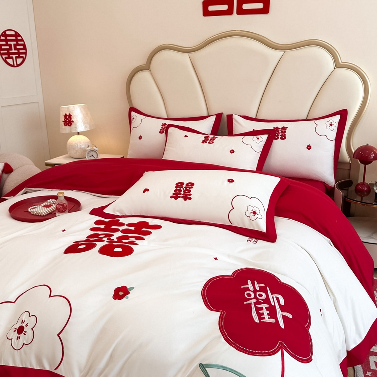 91家纺网 家纺一手货源 找家纺 火麒麟家纺 2025新款亲肤棉婚庆刺绣四件套 欢喜