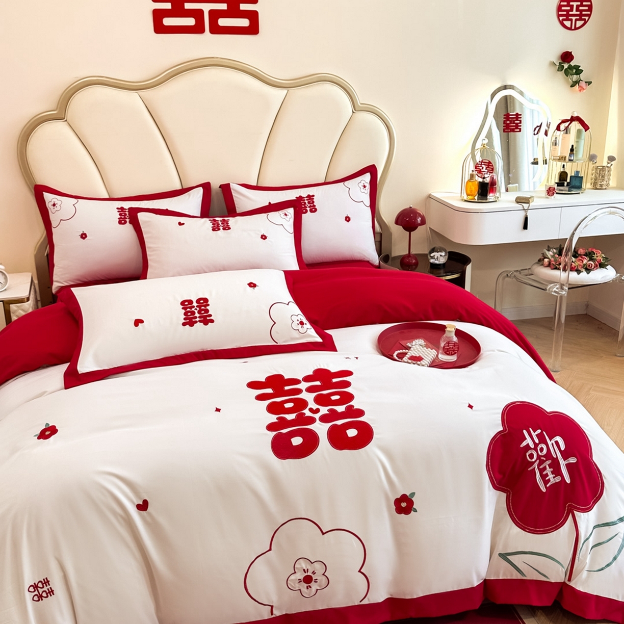 91家纺网 家纺一手货源 找家纺 火麒麟家纺 2025新款亲肤棉婚庆刺绣四件套 欢喜