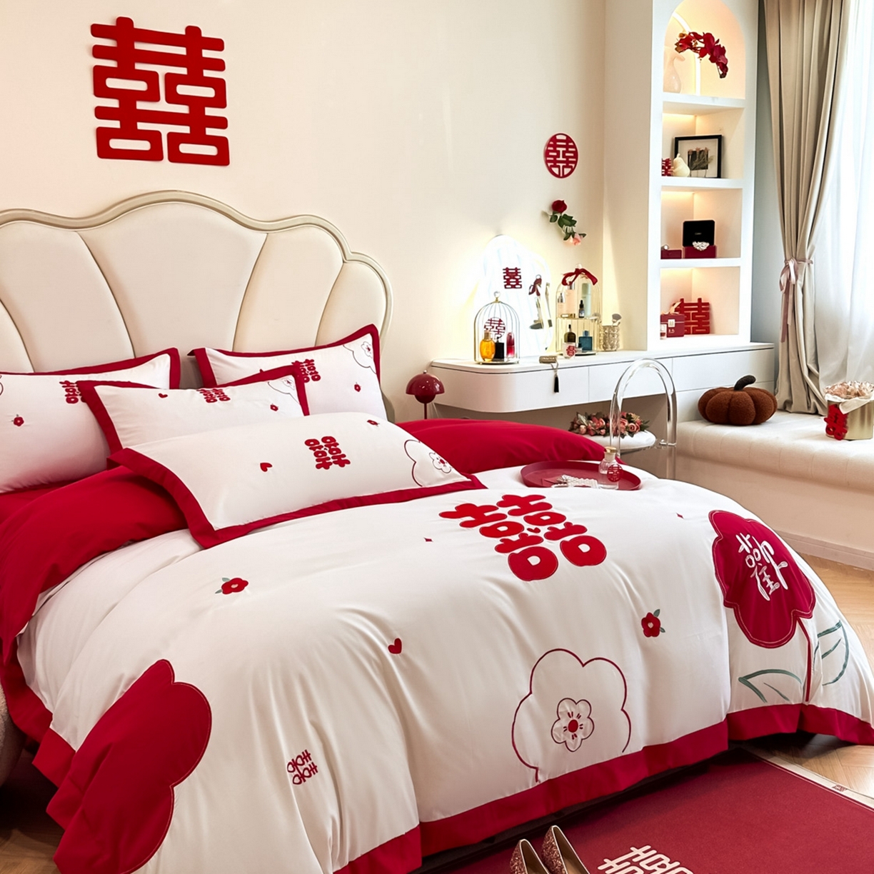 91家纺网 家纺一手货源 找家纺 火麒麟家纺 2025新款亲肤棉婚庆刺绣四件套 欢喜