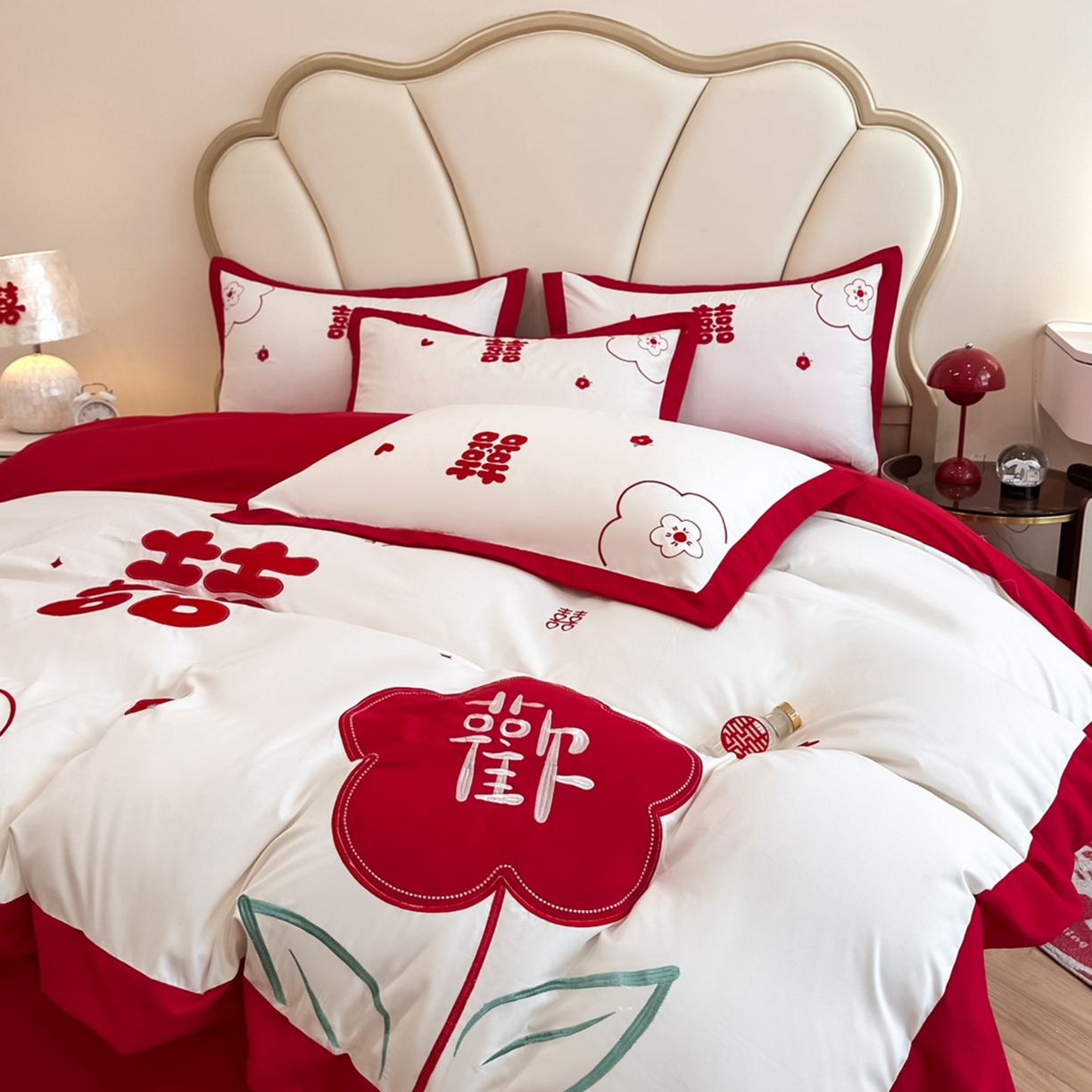 91家纺网 家纺一手货源 找家纺 火麒麟家纺 2025新款亲肤棉婚庆刺绣四件套 欢喜