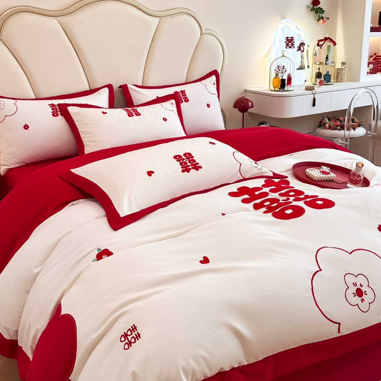 91家纺网 家纺一手货源 找家纺 火麒麟家纺 2025新款亲肤棉婚庆刺绣四件套 欢喜