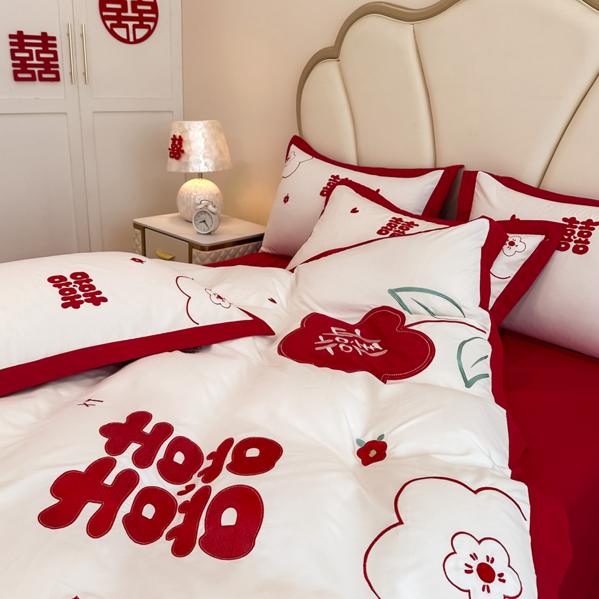 91家纺网 家纺一手货源 找家纺 火麒麟家纺 2025新款亲肤棉婚庆刺绣四件套 欢喜