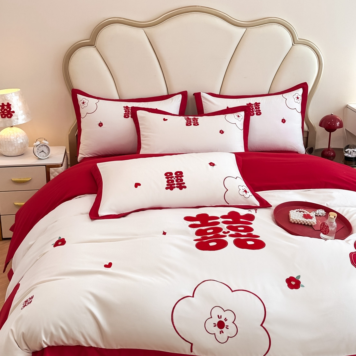 91家纺网 家纺一手货源 找家纺 火麒麟家纺 2025新款亲肤棉婚庆刺绣四件套 欢喜