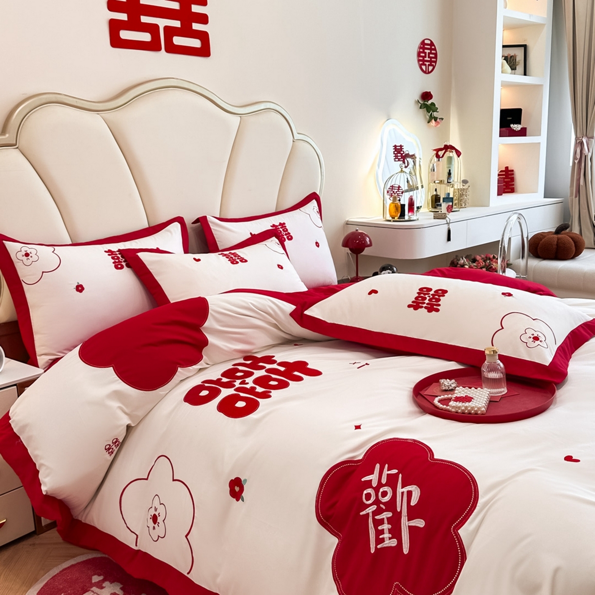 91家纺网 家纺一手货源 找家纺 火麒麟家纺 2025新款亲肤棉婚庆刺绣四件套 欢喜