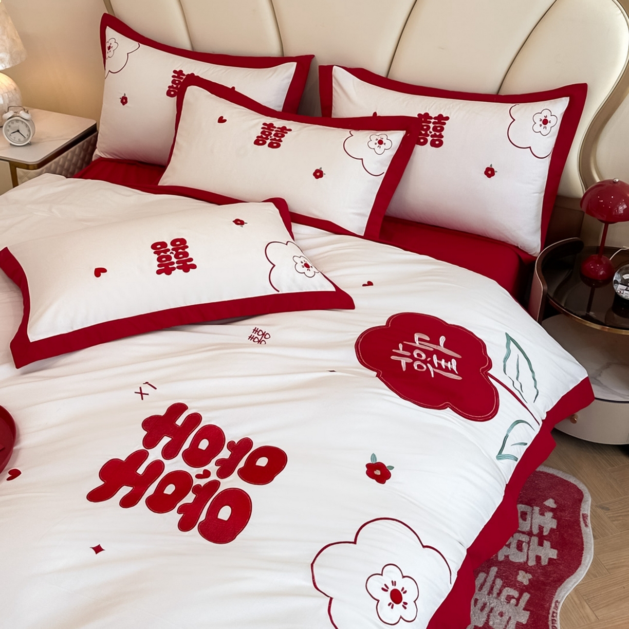 91家纺网 家纺一手货源 找家纺 火麒麟家纺 2025新款亲肤棉婚庆刺绣四件套 欢喜