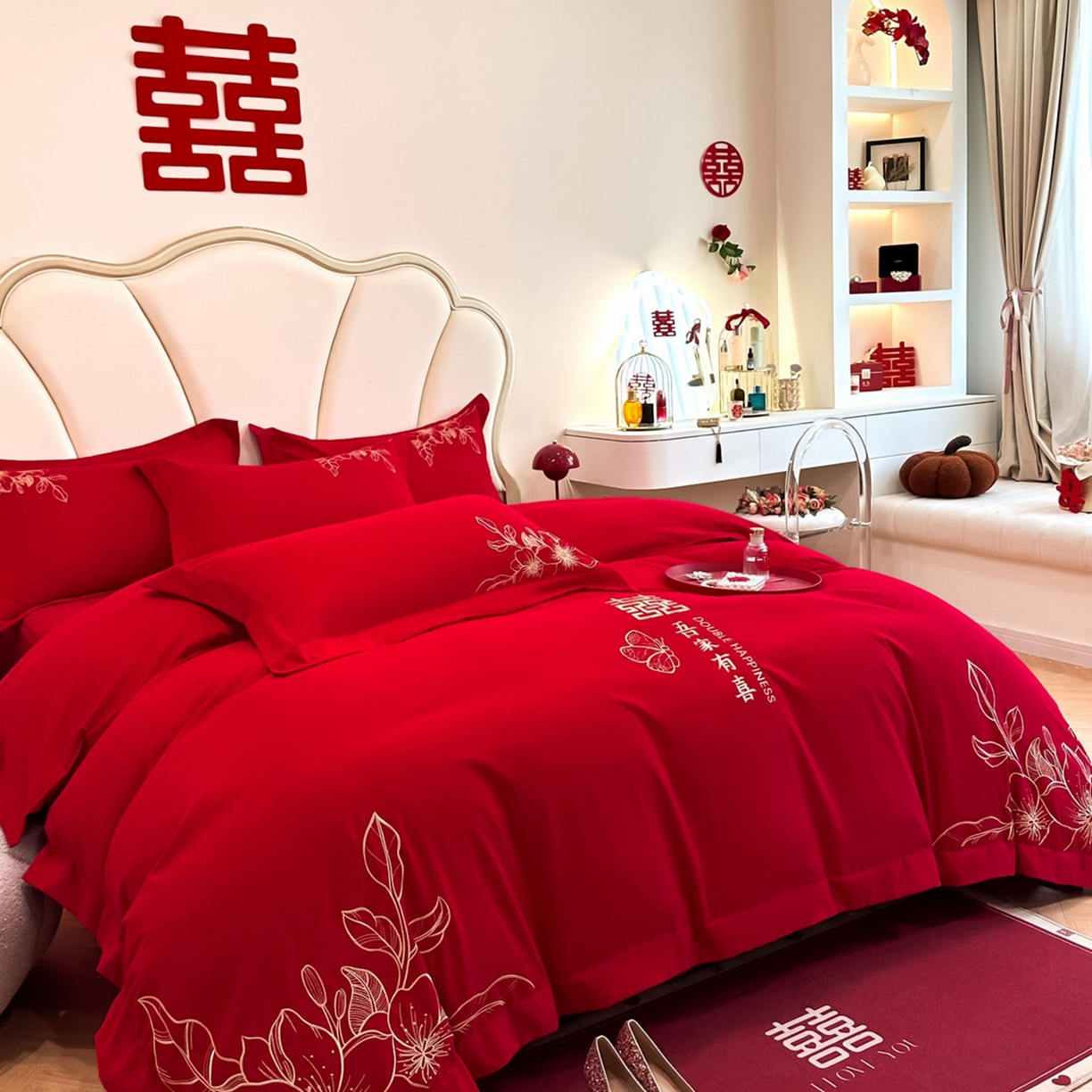 91家纺网 家纺一手货源 找家纺 火麒麟家纺 2025新款亲肤棉婚庆刺绣四件套 锦上添花