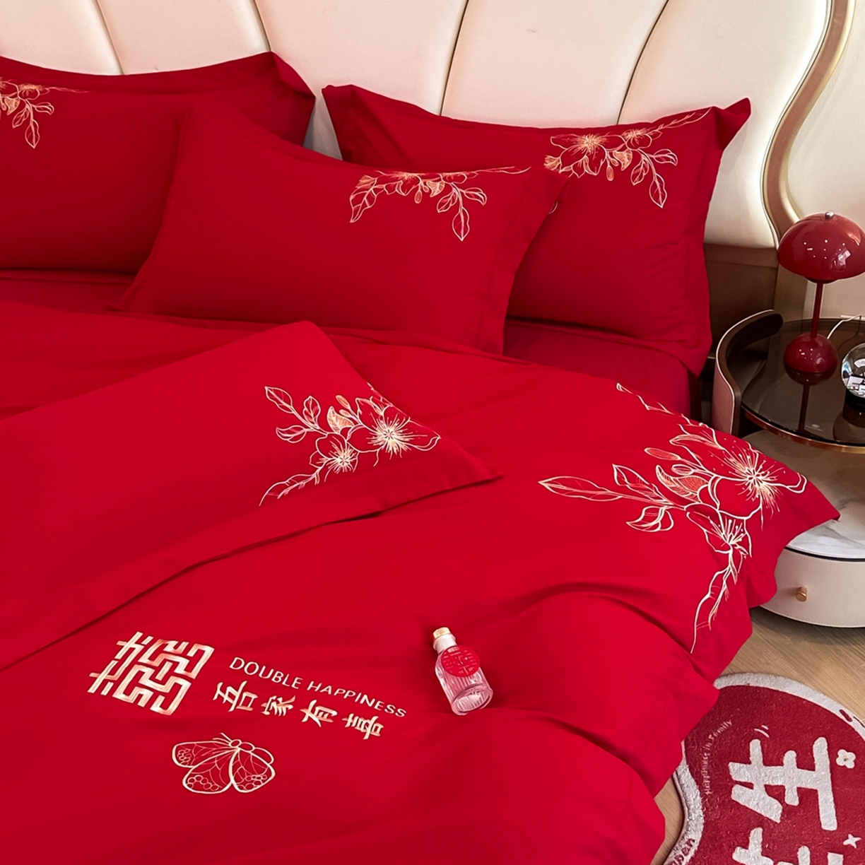 91家纺网 家纺一手货源 找家纺 火麒麟家纺 2025新款亲肤棉婚庆刺绣四件套 锦上添花