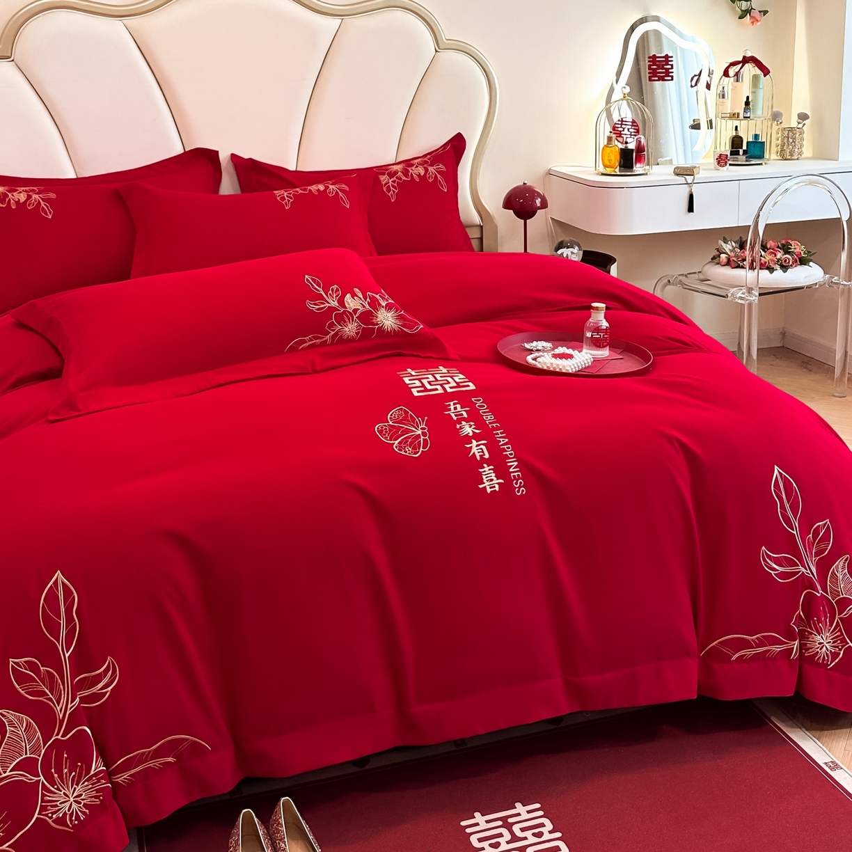 91家纺网 家纺一手货源 找家纺 火麒麟家纺 2025新款亲肤棉婚庆刺绣四件套 锦上添花