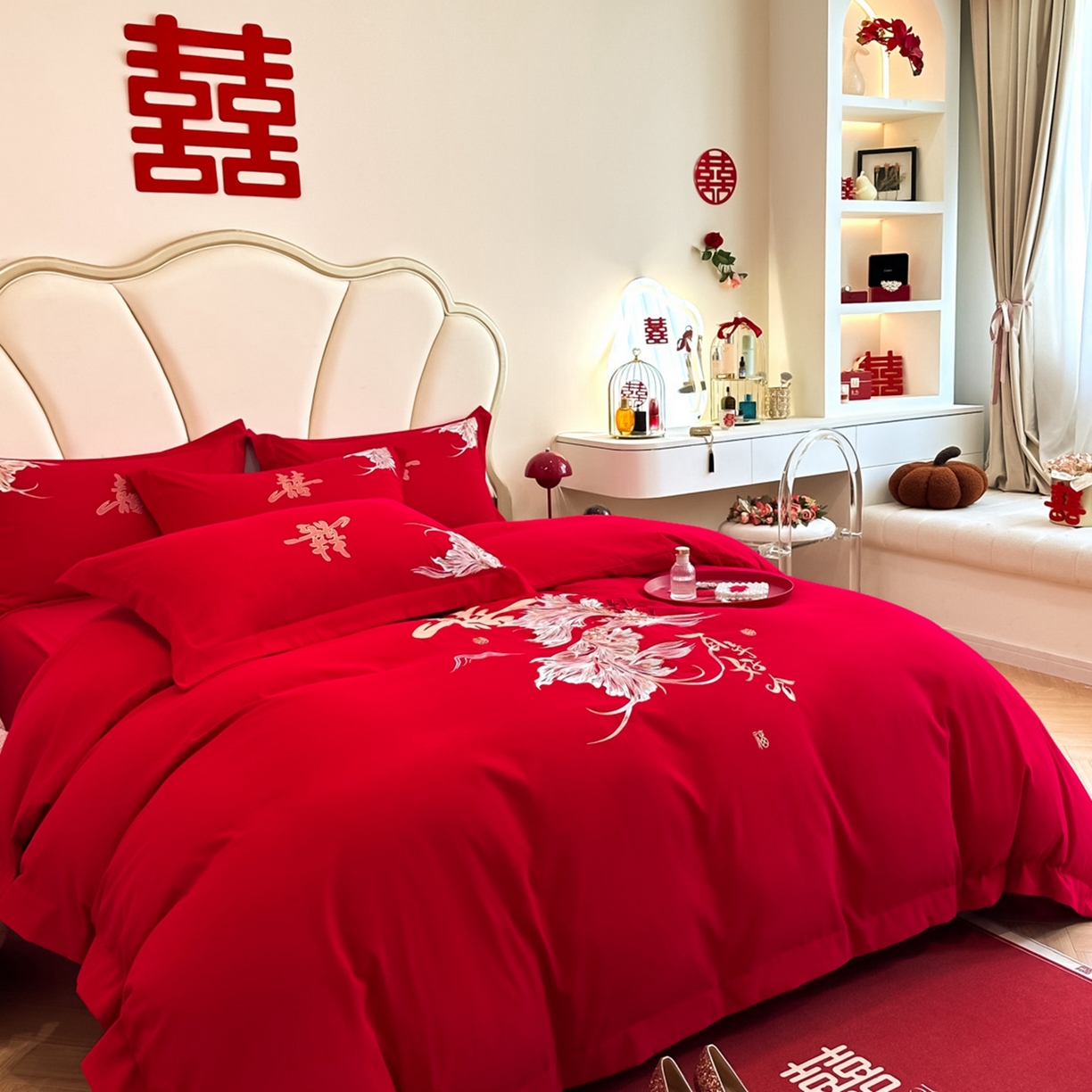 91家纺网 家纺一手货源 找家纺 火麒麟家纺 2025新款亲肤棉婚庆刺绣四件套 锦有你