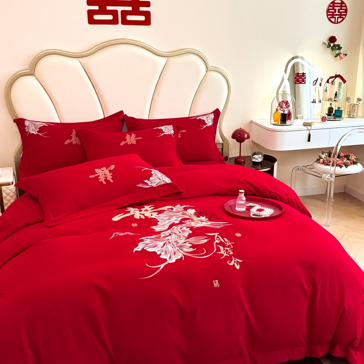 91家纺网 家纺一手货源 找家纺 火麒麟家纺 2025新款亲肤棉婚庆刺绣四件套 锦有你