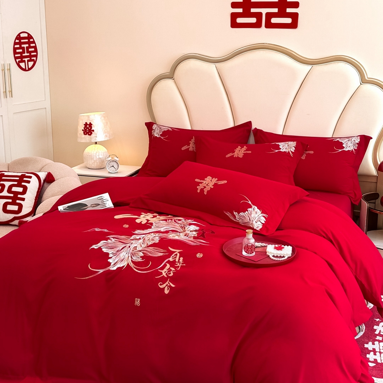 91家纺网 家纺一手货源 找家纺 火麒麟家纺 2025新款亲肤棉婚庆刺绣四件套 锦有你