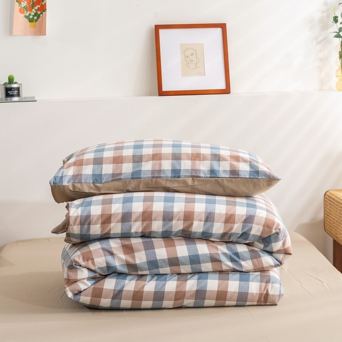 91家纺网 家纺一手货源 找家纺 贝尔 PELLHOME 简约全棉纯棉色织水洗棉1.51.8三四件套（春节不打烊)（可抖音代发） 蓝咖中格