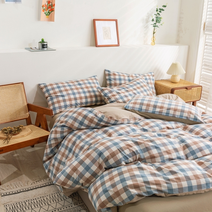 91家纺网 家纺一手货源 找家纺 贝尔 PELLHOME 简约全棉纯棉色织水洗棉1.51.8三四件套（春节不打烊)（可抖音代发） 蓝咖中格