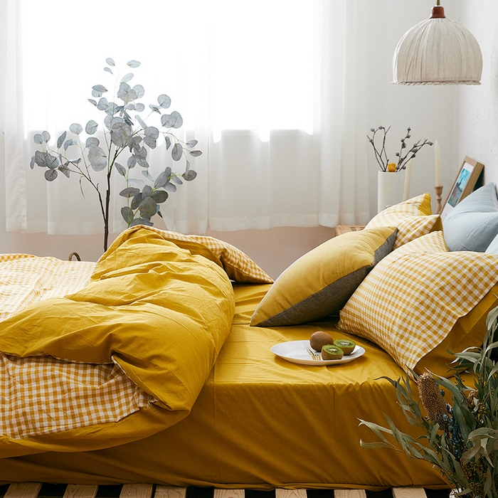 91家纺网 家纺一手货源 找家纺 贝尔 PELLHOME 简约全棉纯棉色织水洗棉1.51.8三四件套（春节不打烊)（可抖音代发） 向阳柠黄-格