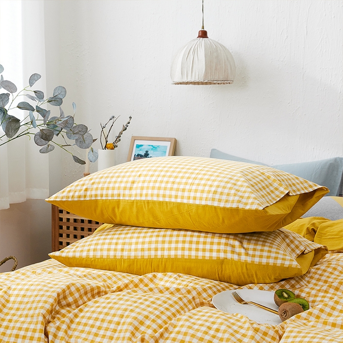 91家纺网 家纺一手货源 找家纺 贝尔 PELLHOME 简约全棉纯棉色织水洗棉1.51.8三四件套（春节不打烊)（可抖音代发） 向阳柠黄-格