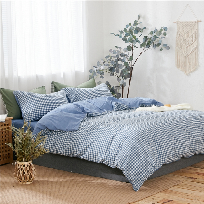 91家纺网 家纺一手货源 找家纺 贝尔 PELLHOME 简约全棉纯棉色织水洗棉1.51.8三四件套（春节不打烊)（可抖音代发） 蓝-小格