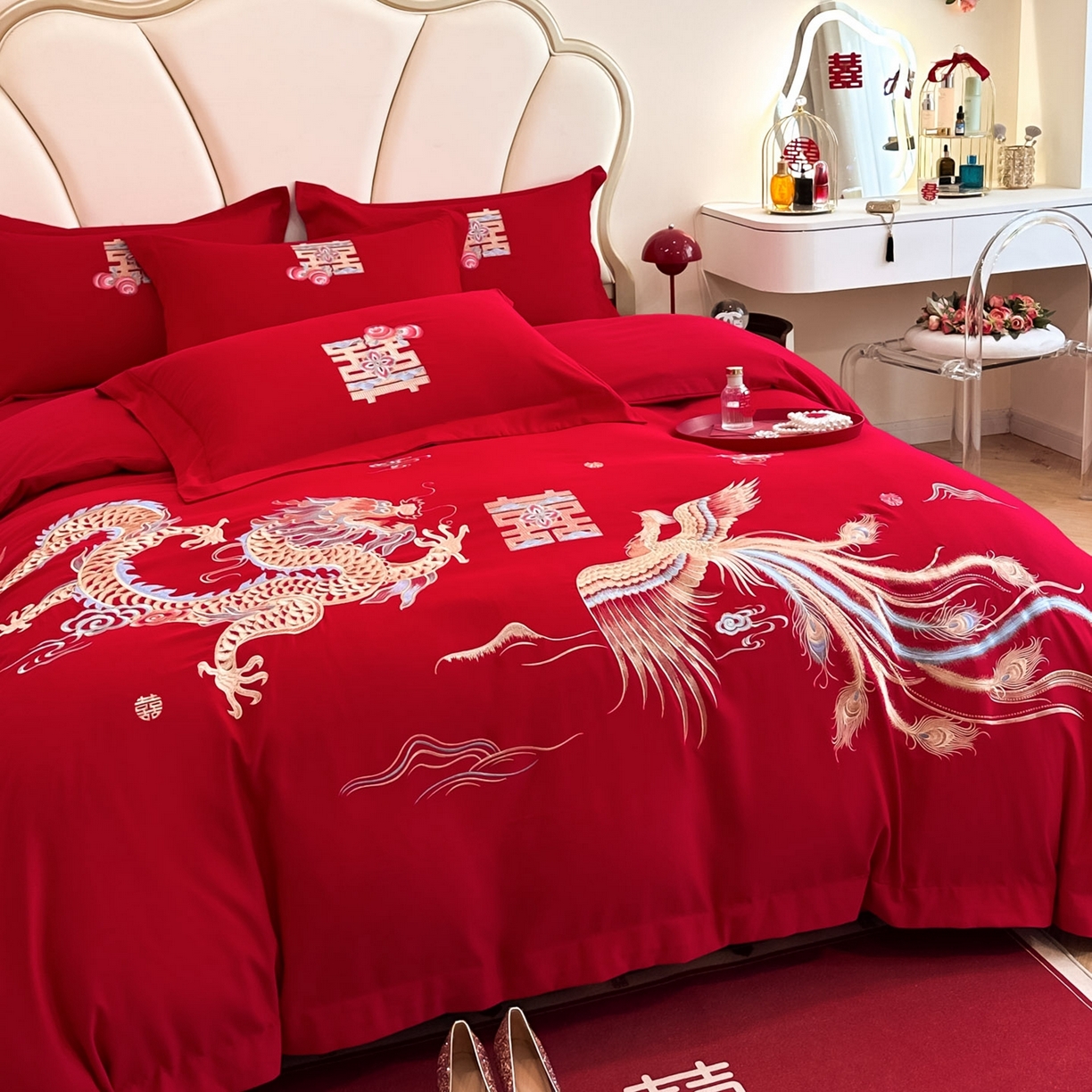 91家纺网 家纺一手货源 找家纺 火麒麟家纺 2025新款亲肤棉婚庆刺绣四件套 龙飞凤舞