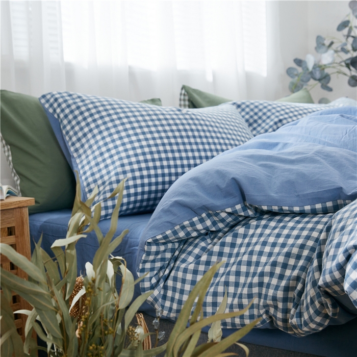 91家纺网 家纺一手货源 找家纺 贝尔 PELLHOME 简约全棉纯棉色织水洗棉1.51.8三四件套（春节不打烊)（可抖音代发） 蓝-小格