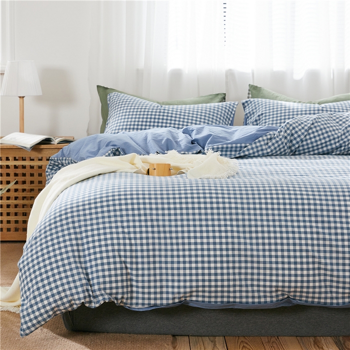 91家纺网 家纺一手货源 找家纺 贝尔 PELLHOME 简约全棉纯棉色织水洗棉1.51.8三四件套（春节不打烊)（可抖音代发） 蓝-小格