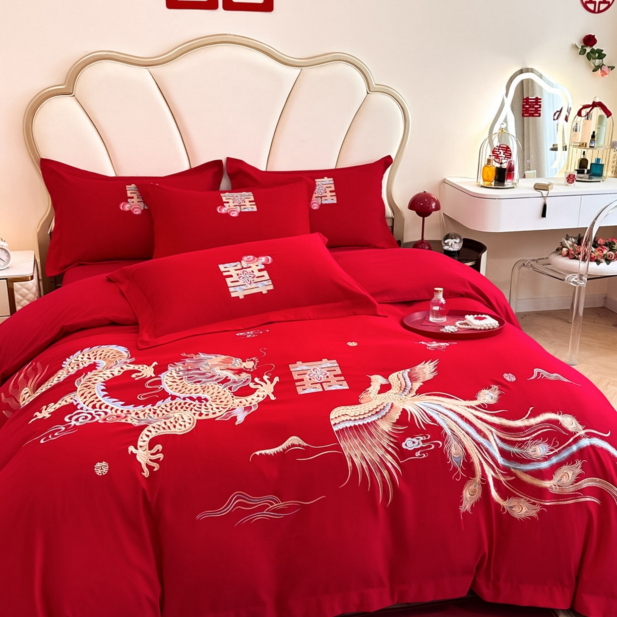 91家纺网 家纺一手货源 找家纺 火麒麟家纺 2025新款亲肤棉婚庆刺绣四件套 龙飞凤舞