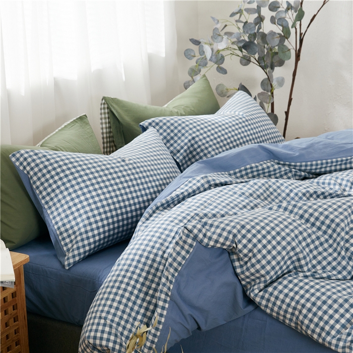 91家纺网 家纺一手货源 找家纺 贝尔 PELLHOME 简约全棉纯棉色织水洗棉1.51.8三四件套（春节不打烊)（可抖音代发） 蓝-小格