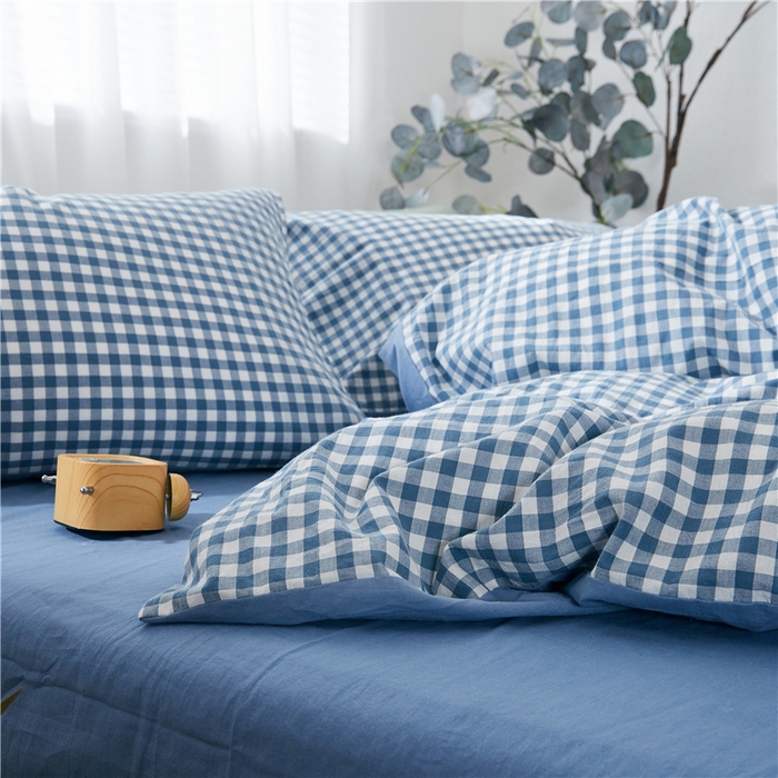 91家纺网 家纺一手货源 找家纺 贝尔 PELLHOME 简约全棉纯棉色织水洗棉1.51.8三四件套（春节不打烊)（可抖音代发） 蓝-小格