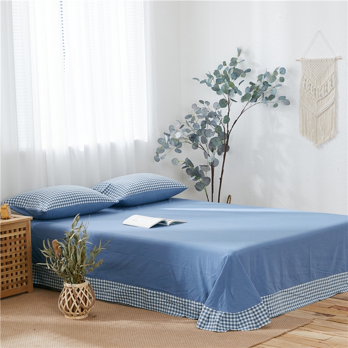 91家纺网 家纺一手货源 找家纺 贝尔 PELLHOME 简约全棉纯棉色织水洗棉1.51.8三四件套（春节不打烊)（可抖音代发） 蓝-小格