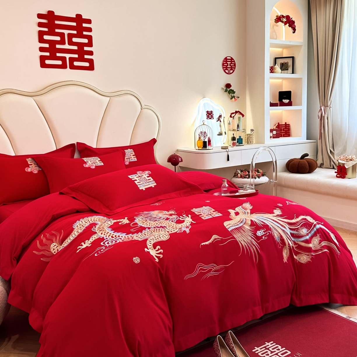 91家纺网 家纺一手货源 找家纺 火麒麟家纺 2025新款亲肤棉婚庆刺绣四件套 龙飞凤舞