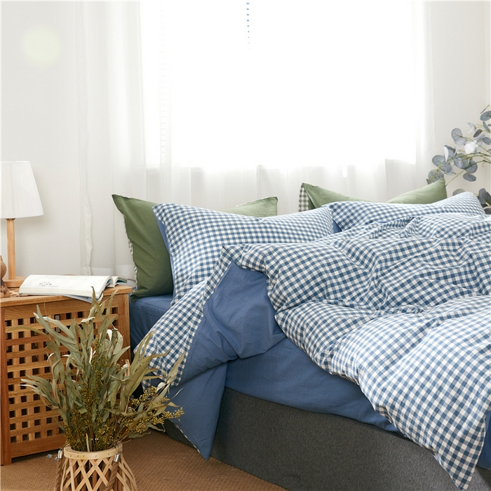 91家纺网 家纺一手货源 找家纺 贝尔 PELLHOME 简约全棉纯棉色织水洗棉1.51.8三四件套（春节不打烊)（可抖音代发） 蓝-小格