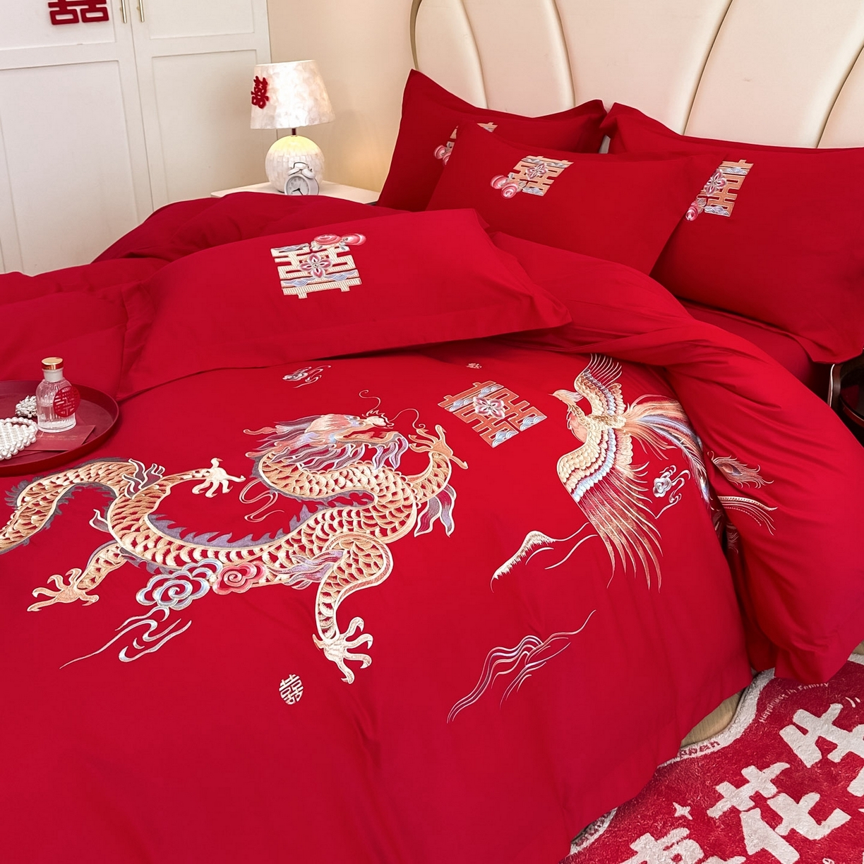 91家纺网 家纺一手货源 找家纺 火麒麟家纺 2025新款亲肤棉婚庆刺绣四件套 龙飞凤舞