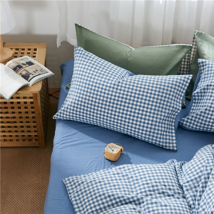 91家纺网 家纺一手货源 找家纺 贝尔 PELLHOME 简约全棉纯棉色织水洗棉1.51.8三四件套（春节不打烊)（可抖音代发） 蓝-小格