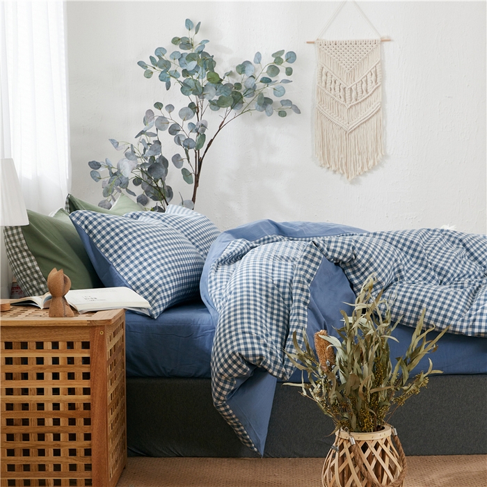 91家纺网 家纺一手货源 找家纺 贝尔 PELLHOME 简约全棉纯棉色织水洗棉1.51.8三四件套（春节不打烊)（可抖音代发） 蓝-小格