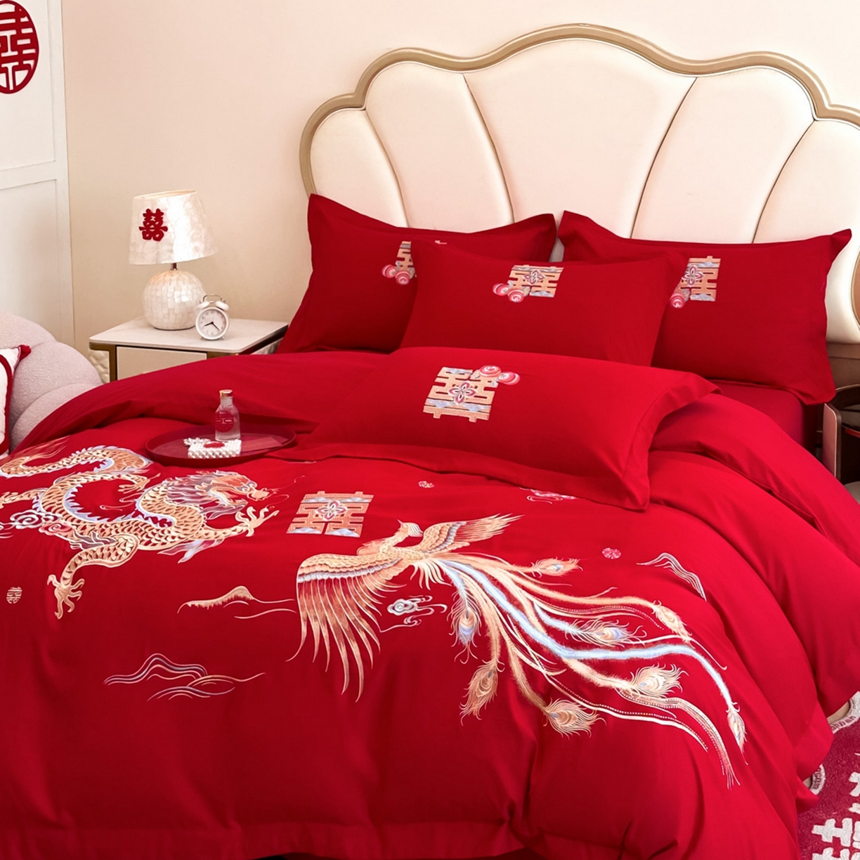91家纺网 家纺一手货源 找家纺 火麒麟家纺 2025新款亲肤棉婚庆刺绣四件套 龙飞凤舞