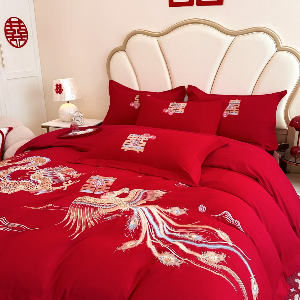 91家纺网 家纺一手货源 找家纺 火麒麟家纺 2025新款亲肤棉婚庆刺绣四件套 龙飞凤舞