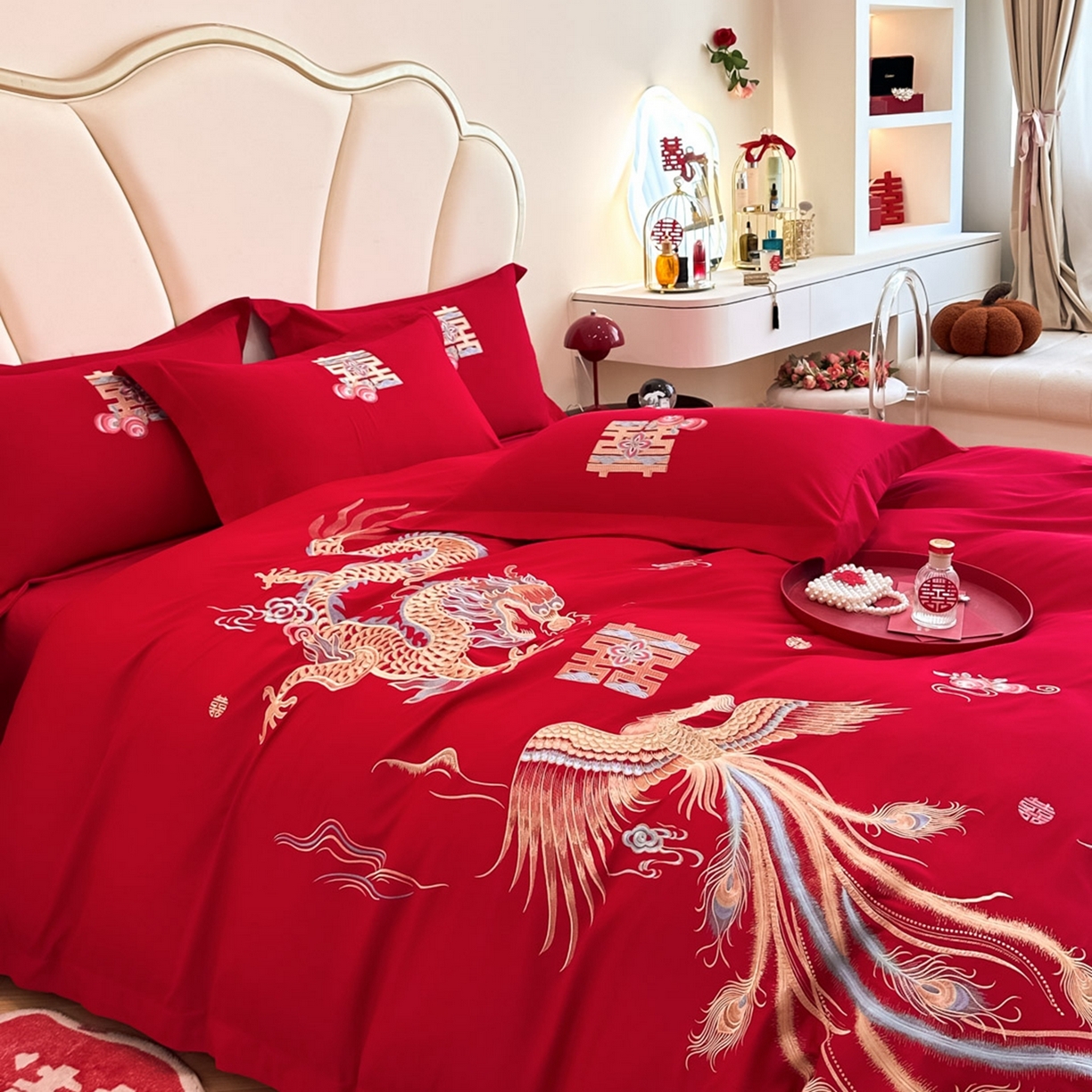 91家纺网 家纺一手货源 找家纺 火麒麟家纺 2025新款亲肤棉婚庆刺绣四件套 龙飞凤舞